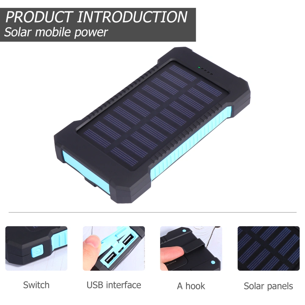 1PC Outdoor Solar Mobile Power Bank 20000mAh Large Capacity Powerbank Multifunction Outdoor Charging Device with Climbing Hook and Data Line and Compass (20000Mah Blue)