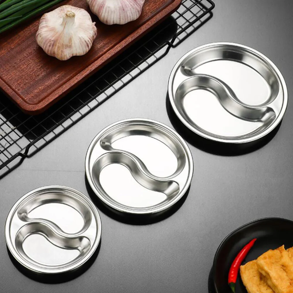 4Pcs Stainless Steel Multi-grid Dishes Round Dishes Seasoning Plates for Home (Silver)