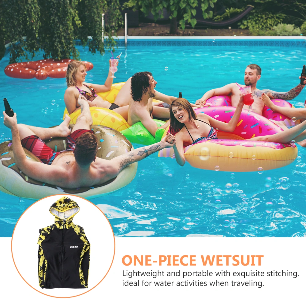 One-piece Women Surf Swim Wet Suit Long Sleeve Rashguard Sun Protection Sets Wear (Yellow Floral with Breast Pad) - Size M