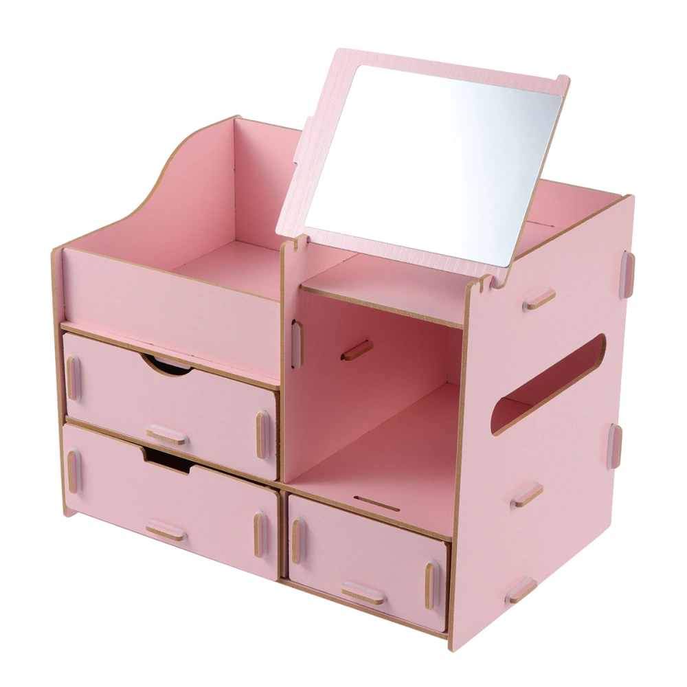 DIY Multifunctional Wooden Desktop Comestics Toiletry Organizer Makeup Storage Box Case with Mirror (Pink)