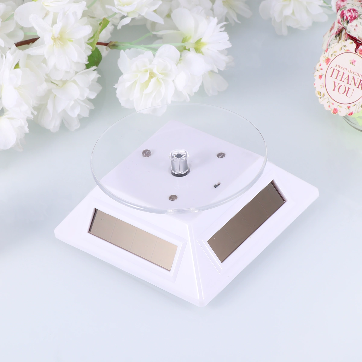 1Pc Solar Display Stand Rotating Platform Display Holder for Watch Jewelry Mobile Phone Silver (Display Stand with Light + Watch Rack)