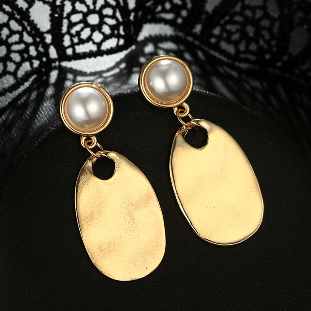 Gold Color Oval Shaped Dangle Earrings Punk Jewelry Alloy Metal Simulated Pearl Big Earrings for Women Girls