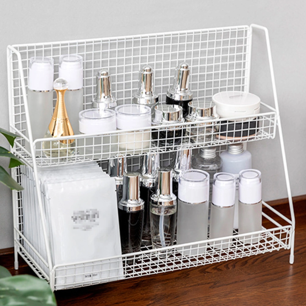 Wrought Iron Two-tier Storage Rack Multifunction Desktop Organizer Cosmetic Shelf for Kitchen Bathroom Bedroom (Large Size, White)