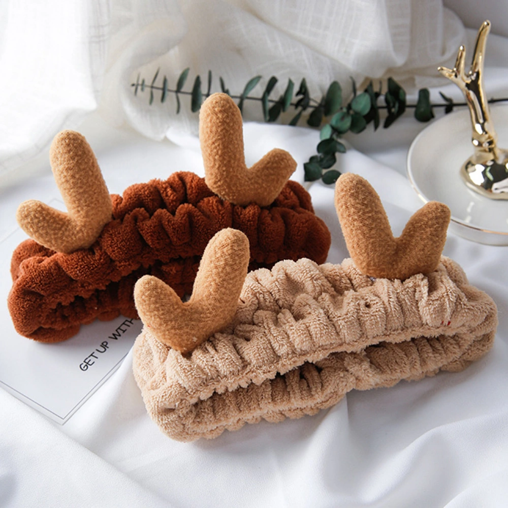 1PCS Women Hairband Christmas Antlers Ear Plush Headbands Elastic Head Wrap Hair Accessories (Coffee)