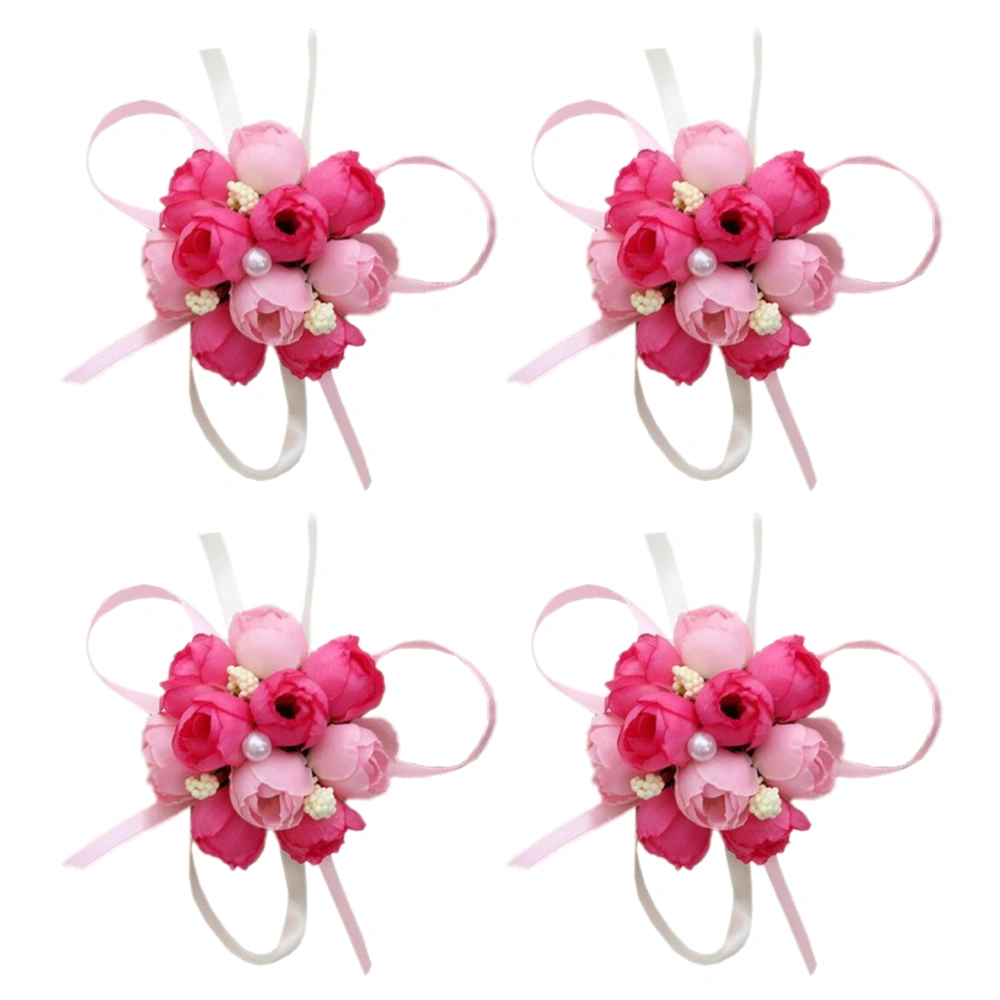 4pcs Wedding Bridal Brooch Wrist Flowers Artificial Flower Bracelet Dancing Wrist Flower Decor (Rosy)