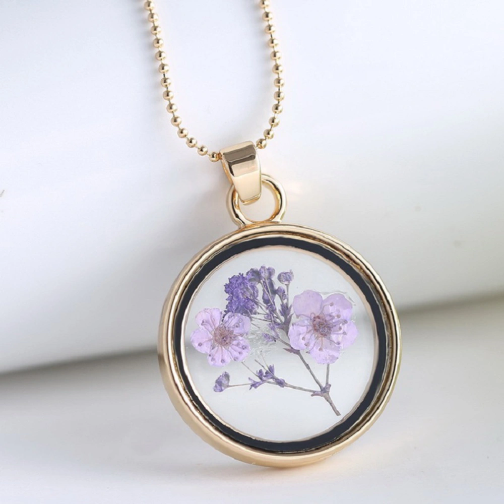 Creative Glass Dried Flowers Necklace Deliacte Plant Specimen Clavicle Chain Beautiful Jewelry Gift for Woman (Purple)