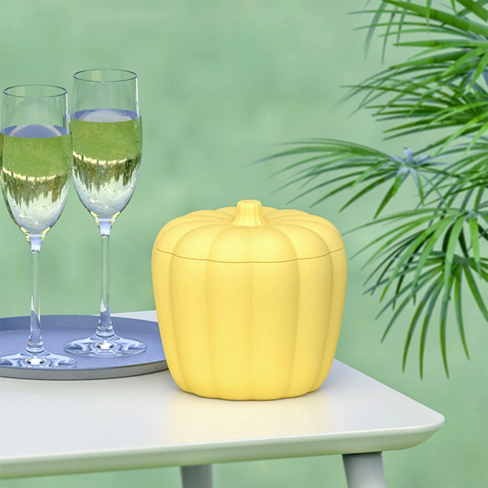 Double Wall Ice Bucket 2 in 1 Silicone Ice Bucket and Ice Mold with Lid Pumpkin Shaped Portable Ice Cube Maker for Frozen Whiskey Cocktail Beverages (Yellow)