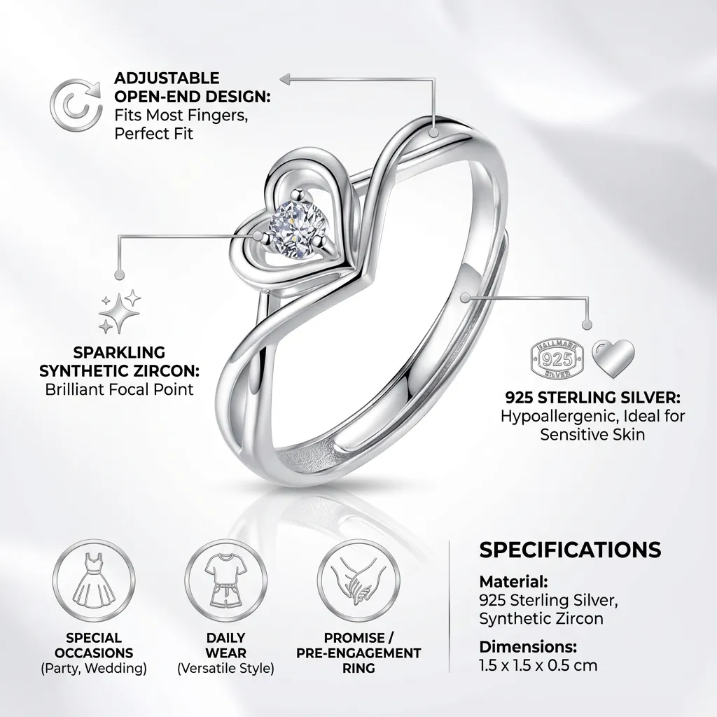 Sterling Open Heart Ring Adjustable Pre-engagement Ring Promise Ring Women Accessory