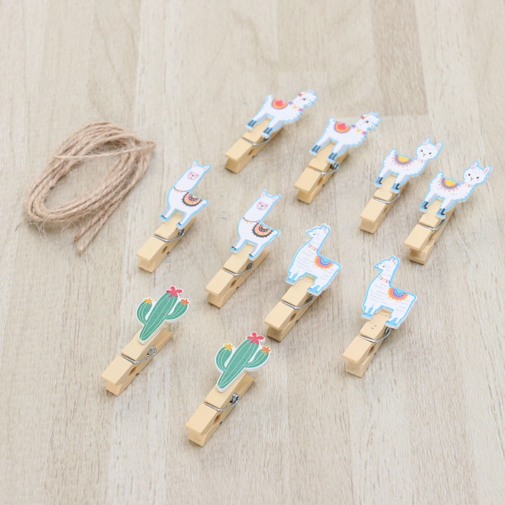 50pcs Creative Cactus Alpaca Wooden Clips Photo Paper Craft Clips Photo Holder Paper Pegs Photo Folders with Hemp Rope