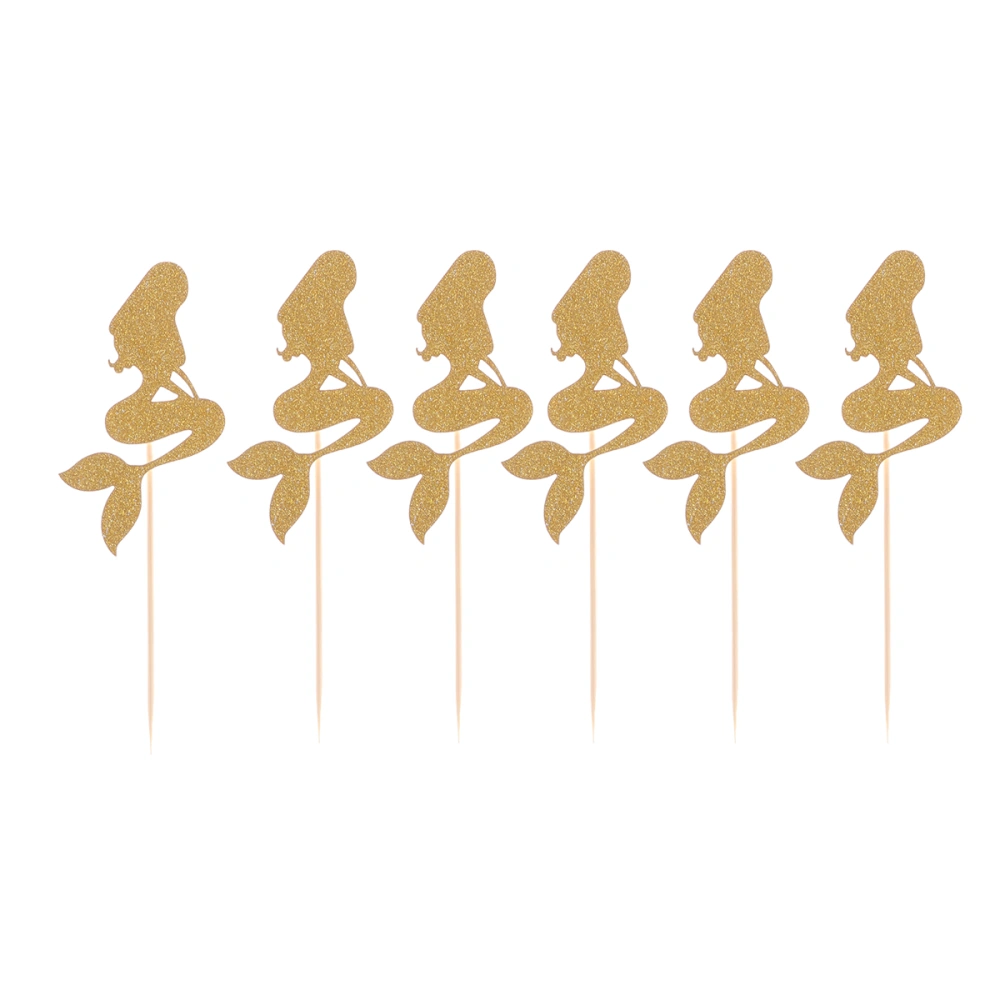 6pcs Mermaid Cake Toppers Adorable Cake Picks Party Supplies for Wedding Birthday Festival (Golden)