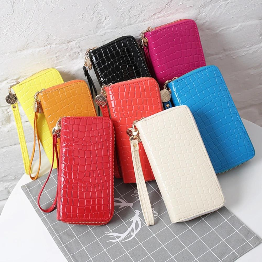 Portable Wallets PU Leather Long Zipper Wallet Patent Leather Cash Purse(Rosy)