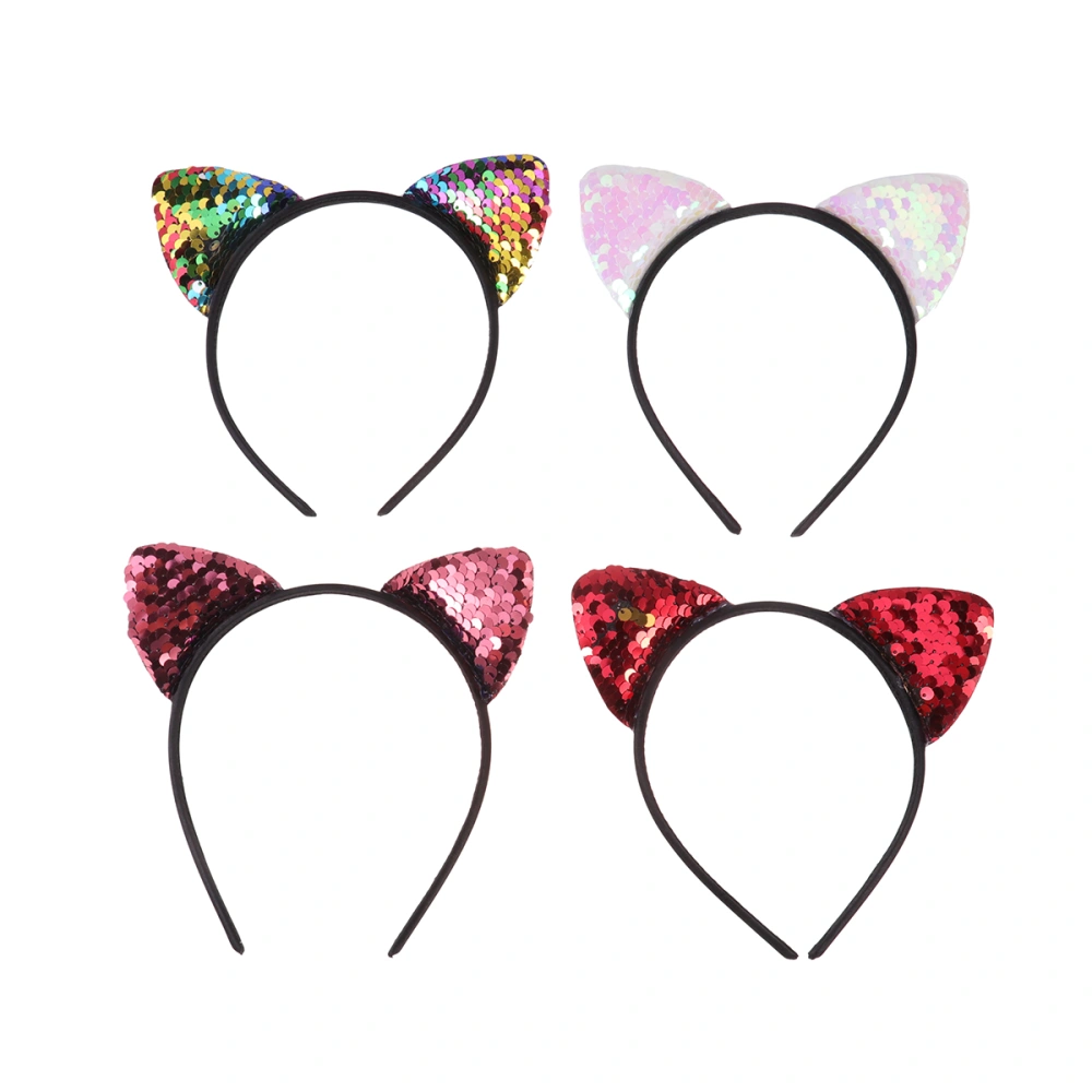 4Pcs Cat Ear Shape Hair Hoops Sequin Hair Bands Festival Headband Creative Headwear Headdress for Kids Children Size M Random Color