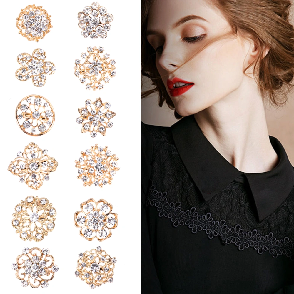 12 Pcs Flower Crystal Small Brooch Fashion Women Alloy Clothes Clips (Golden and White Diamond)