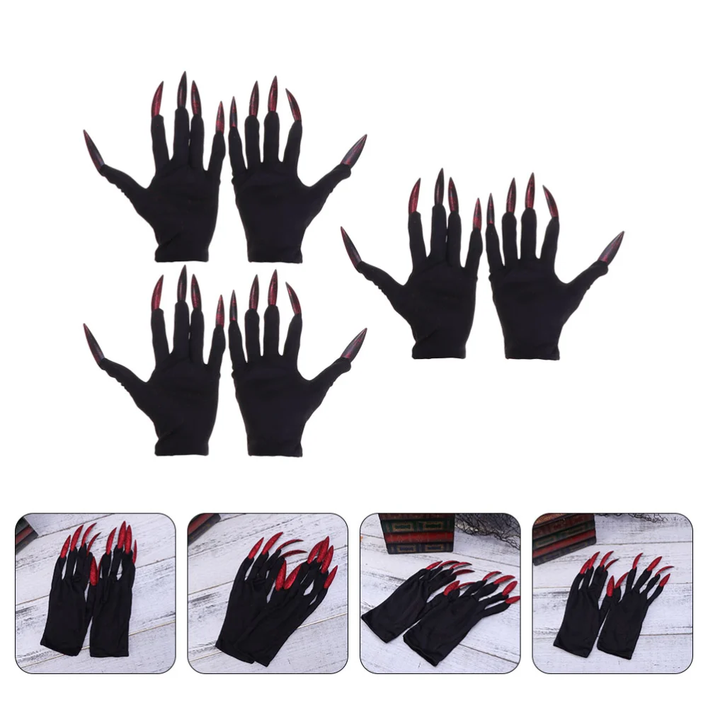 3 Pairs of Halloween Gloves Ghost Nail Gloves Fingernails Shape Gloves