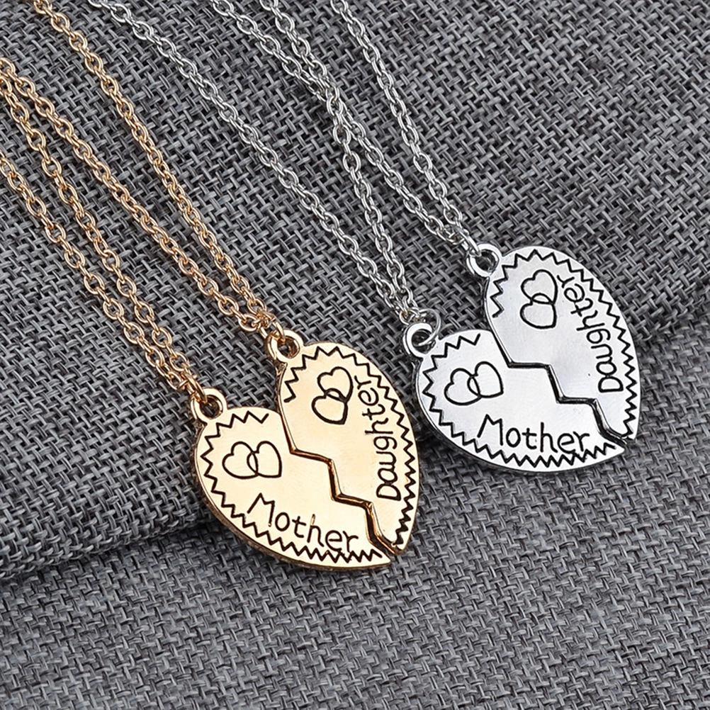 Mother Daughter Matching Puzzle Broken Heart Pendants Set Mom Jewelry Gift from Daughter (Silver)
