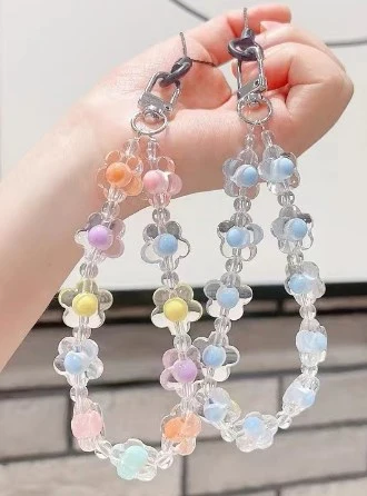 2pcs Beaded Mobile Phone Lanyards Wrist Straps Cute Flower Phone Charms Key Chain