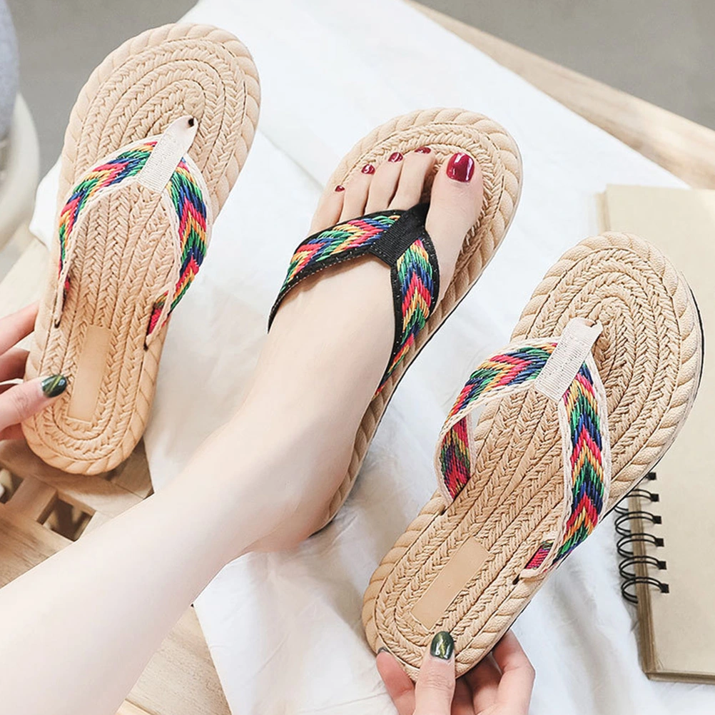 1 Pair Casual Flip-flops Beach Summer Imitation Straw Flat Slippers for Women