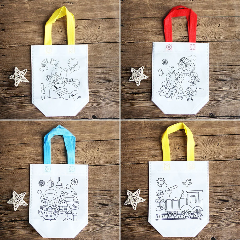 12 Pcs Nonwoven Shopping Bags Foldable Printed Pattern Storage Pouch DIY Painting Drawing Handbag for Home Kindergarten (Multi-pattern)