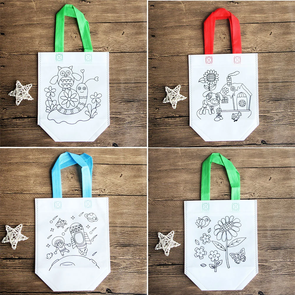 12 Pcs Nonwoven Shopping Bags Foldable Printed Pattern Storage Pouch DIY Painting Drawing Handbag for Home Kindergarten (Multi-pattern)