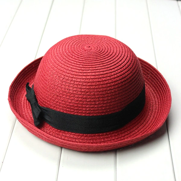 Fashion Women's Girls Bowknot Roll-up Wide Brim Dome Straw Summer Sun Hat Bowler Beach (Red)