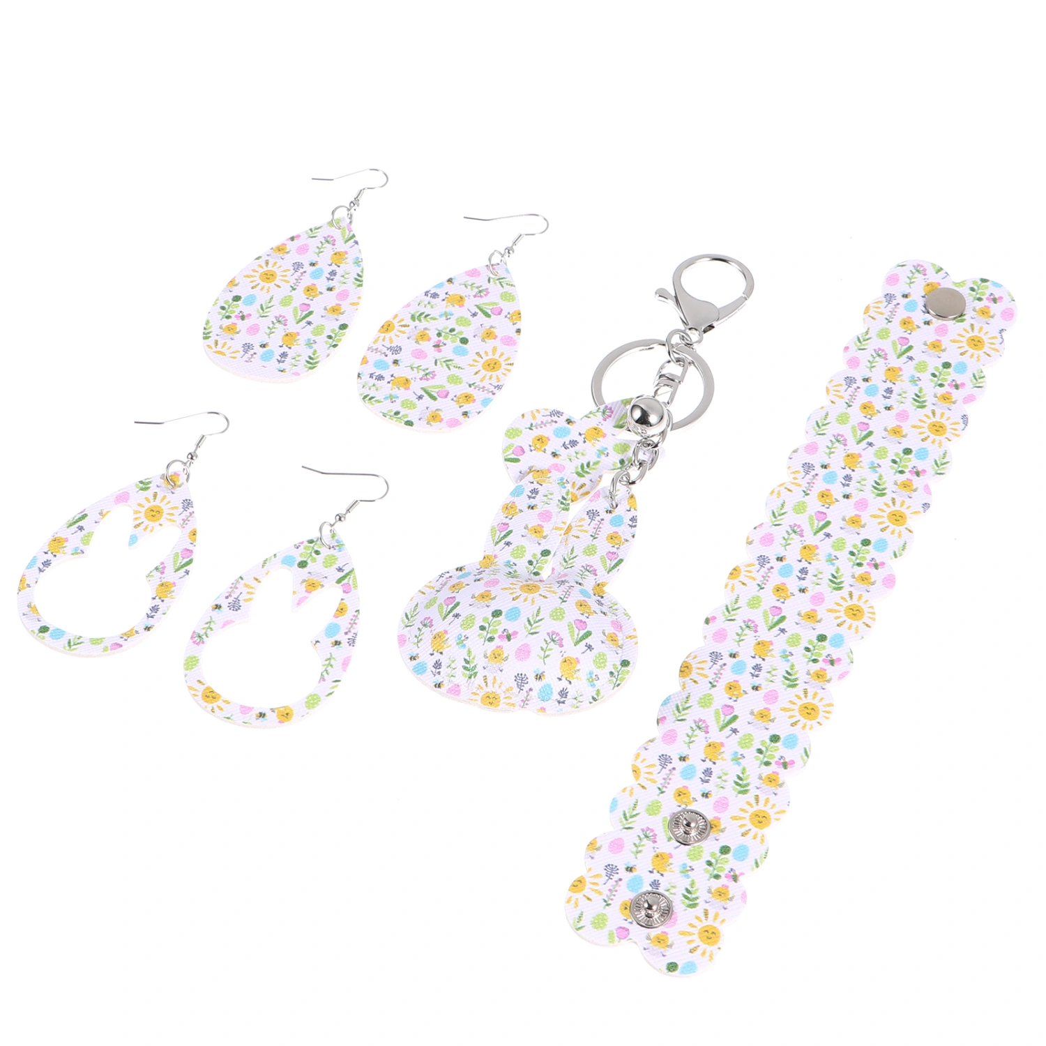2 Pairs Easter Party Earrings with Key Chain and Bracelet Women Jewelry Set