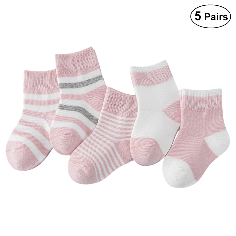 5Pairs Childrens Cotton Socks Spring Autumn New Baby Striped Tube Socks Autumn Winter Cotton Socks - Size S for 0-1Y (Pink)