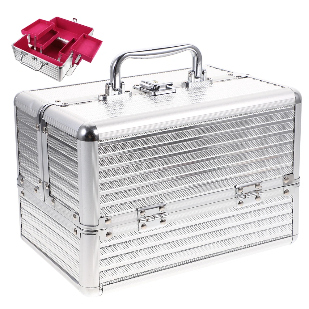 Handled Makeup Case Aluminum Alloy Cosmetic Box Organizer Container (Silver Bar)