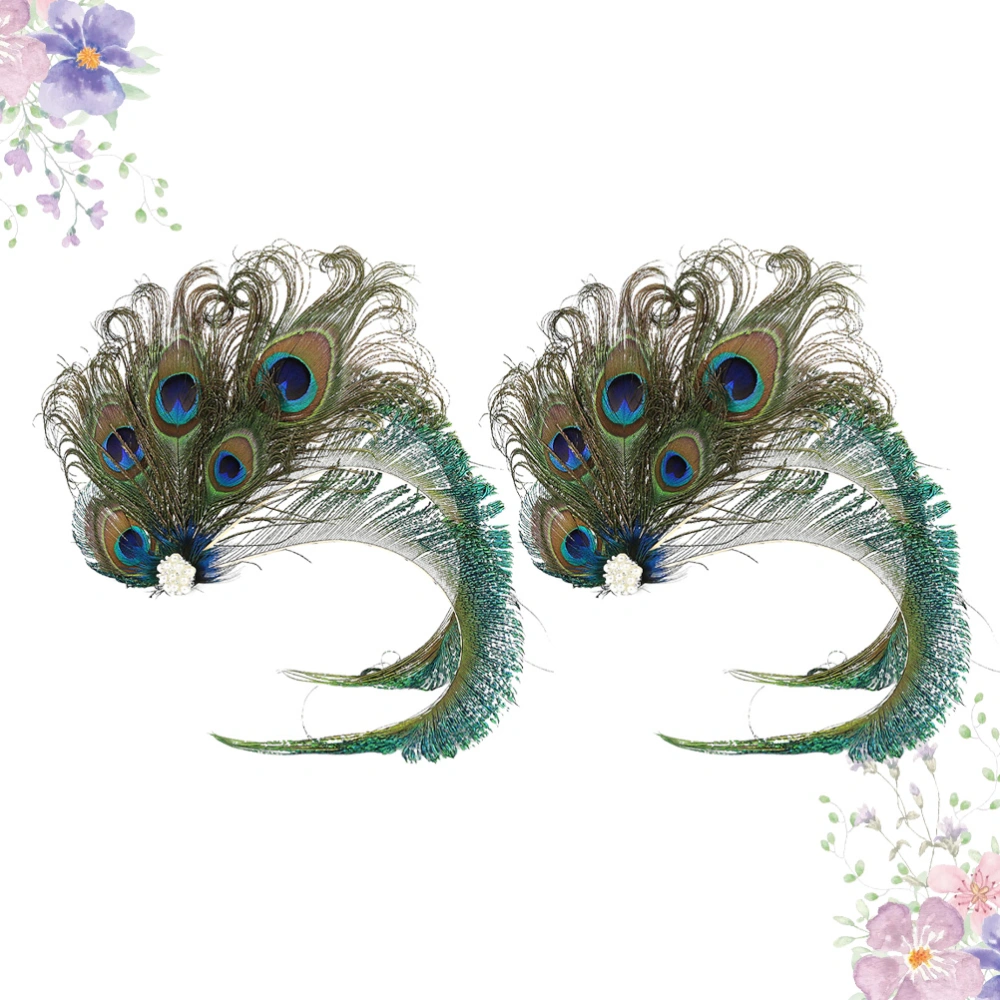 2pcs Feather Headpiece Rhinestone Hair Feather Clip Bridal Hair Clip Clamps Delicate Barrettes Styling Wedding Headdress Accessories (Peacock)