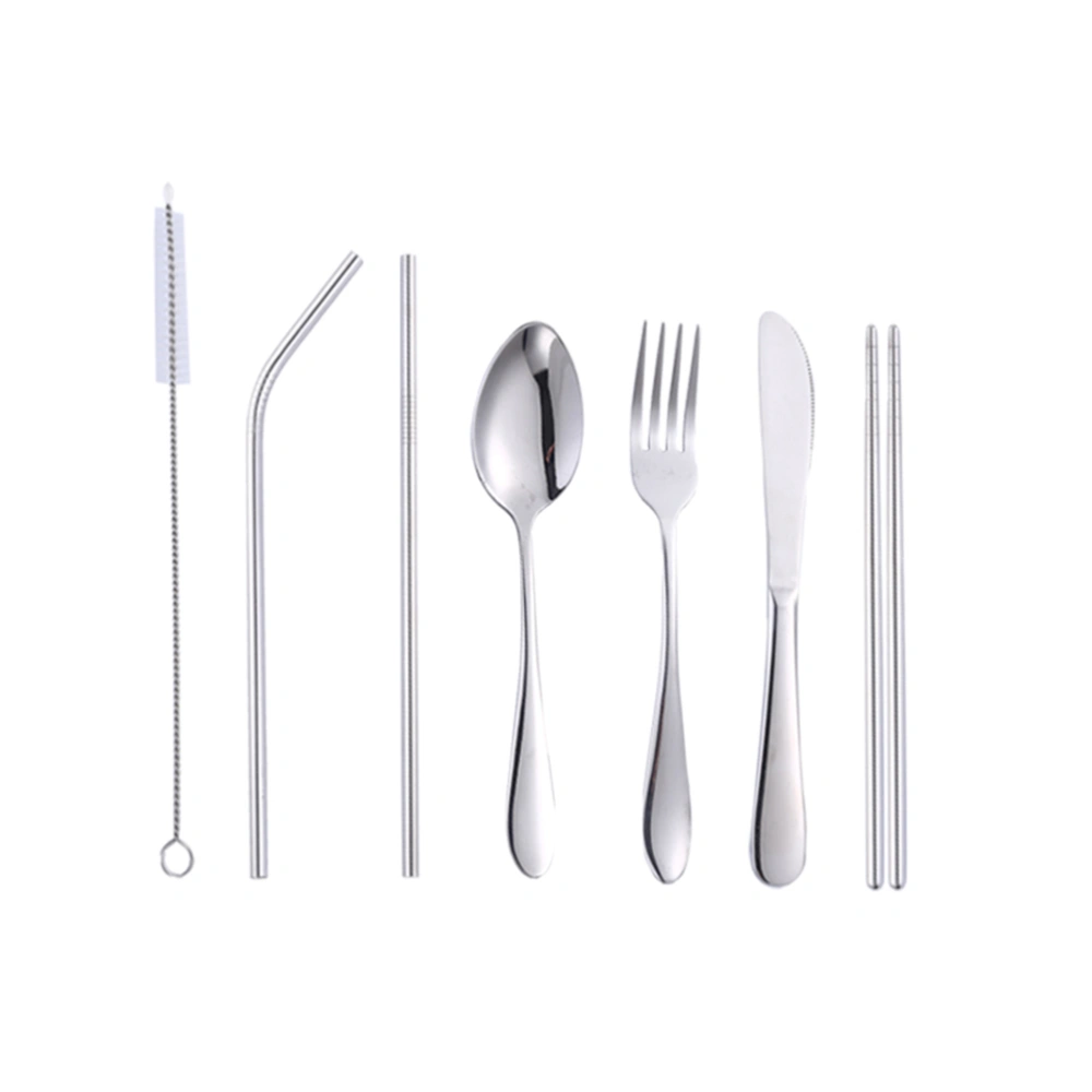 7pcs Stainless Steel Portable Tableware Travel Dinnerware Spoon Fork Straw Cutting Tool Purple Bag