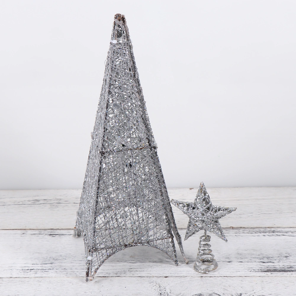 45cm Wrought Iron Mini Christmas Tree Tower Shaped Glowing Christmas Adornment Festival Ornament Home Decor - No Battery (Silver)