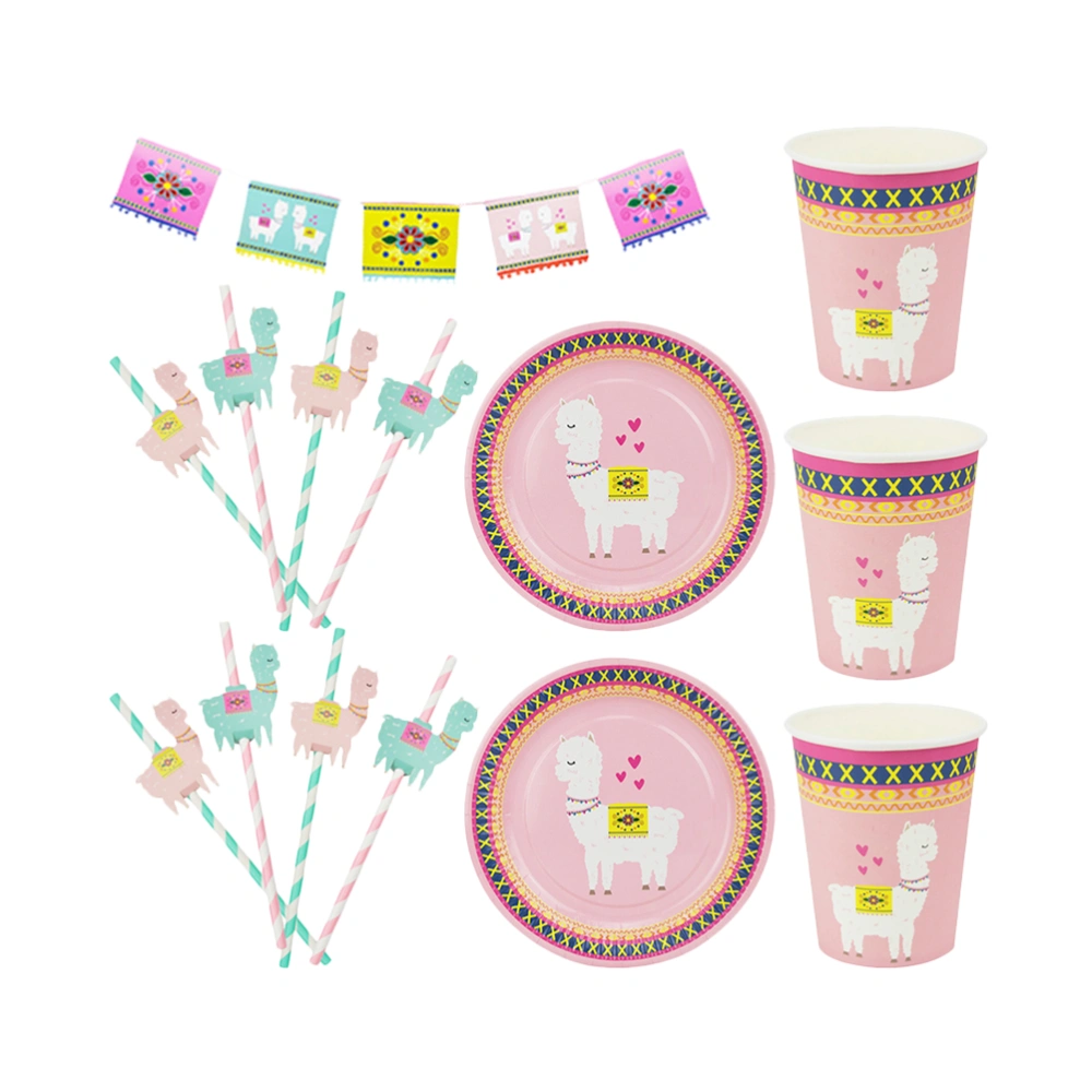 1 Set of 25PCS Disposable Cutlery Kit Cartoon Alpaca Themed Tableware Set Paper Plate Paper Cups Straw Set Lovely Kids Birthday Party Tableware Accessories Pink