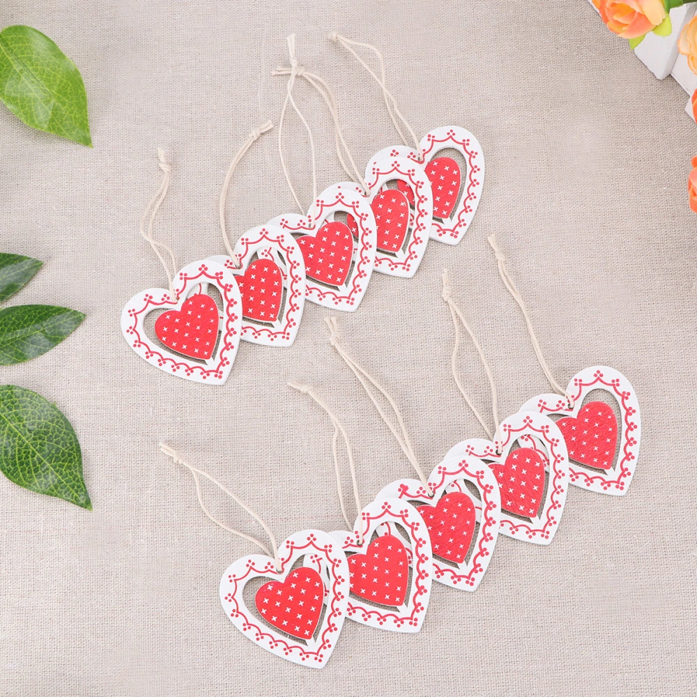 10pcs Christmas Hanging Pendant Wooden Love Heart Shape Hanging Ornament Craft Red Mini Wall Desktop Christmas Tree Decoration Supplies with Rope