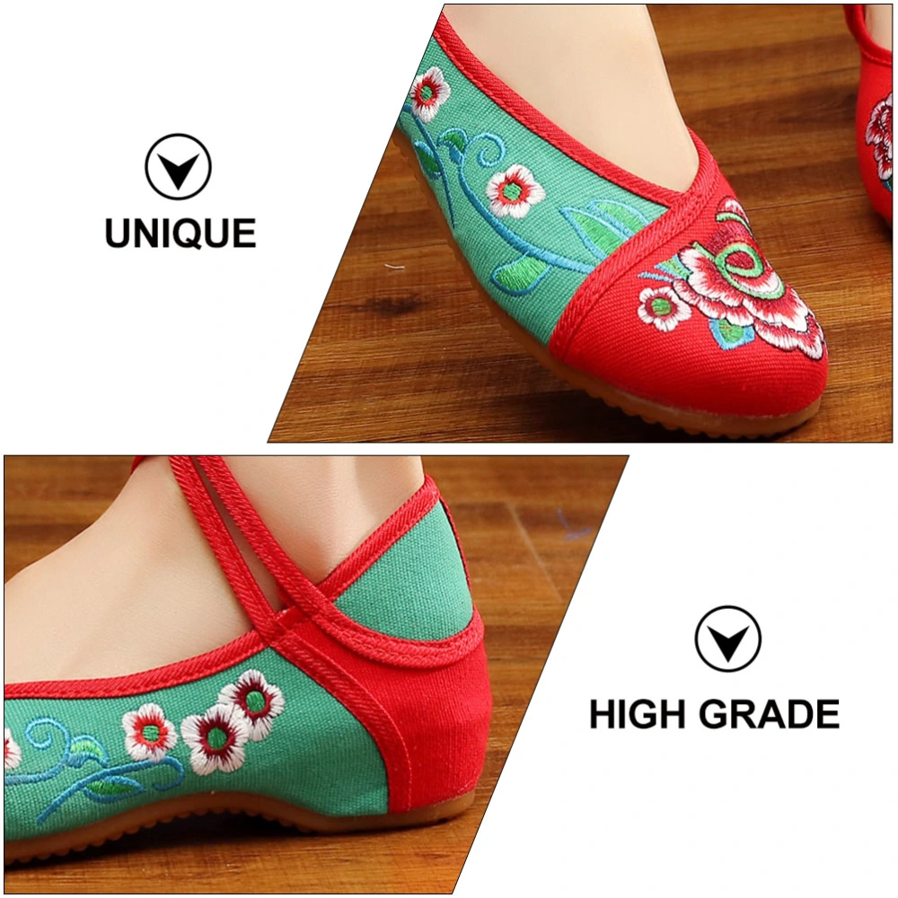 1 Pair Dance Shoes Double Belts Lacing Embroidered Shoes National Style Flat