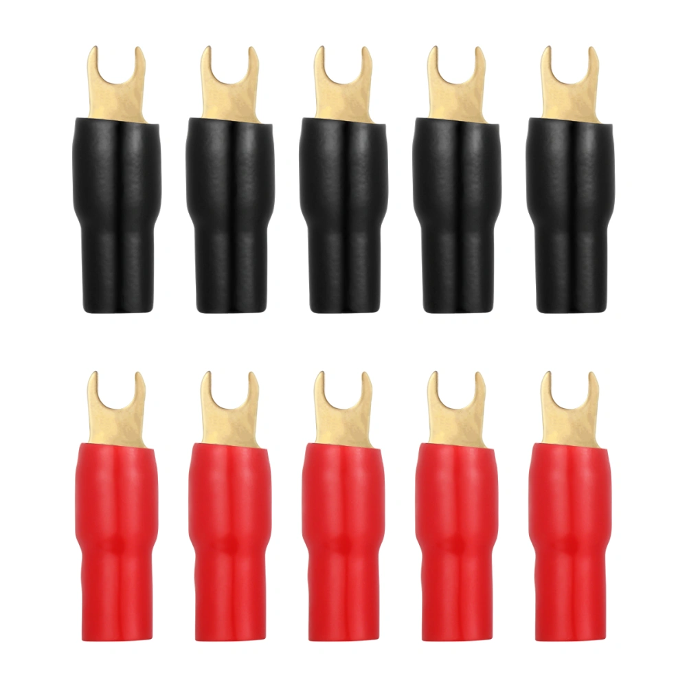 WINOMO 5 Pairs Copper Gold Plated 4 Gauge Strip Spade Terminal Spade Fork Adapters Connectors Plugs Crimp Barrier Spades for Speaker Wire Cable Terminal Plug - 4GA (Red and Black)