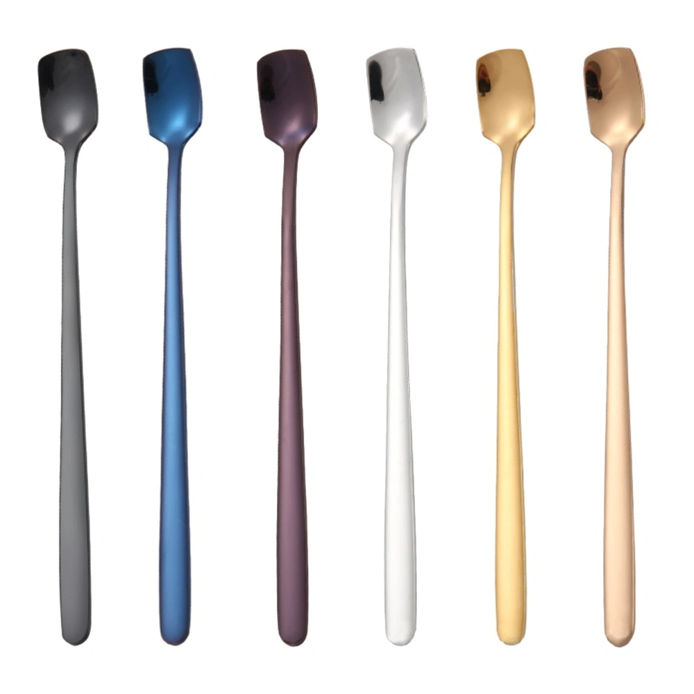 6pcs Square Head Long Handle Spoon Delicate Elegance Stainless Steel Iced Tea Spoon Coffee Scoop Cocktail Stirring Spoons