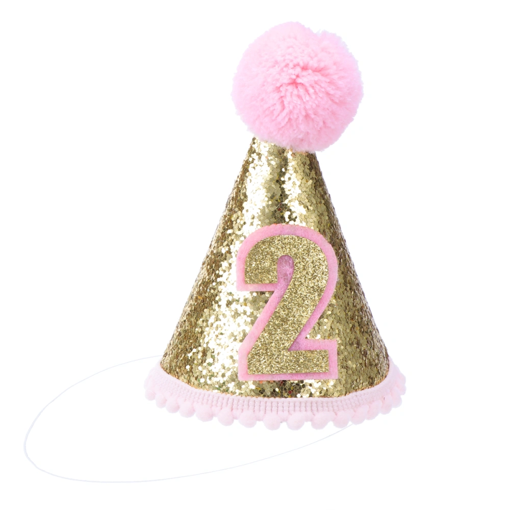 Glitter Sparkle 2nd Birthday Cone Hat with Adjustable Headband for Baby Girl Party Supplies (Pink)