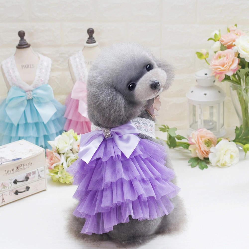 Sweet Puppy Dog Multilayer Dress Pet Dog Lace Bowknot Tutu Dress Charming Cozy Clothing for Dog Cat (Purple-S)