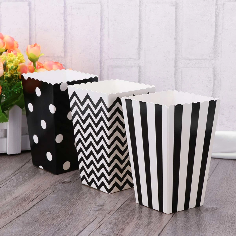 30pcs Popcorn Carton Stripe Wave Dot Pattern Chicken Cartons Snack Container for Birthday Parties Baby Shower Graduation (Black)