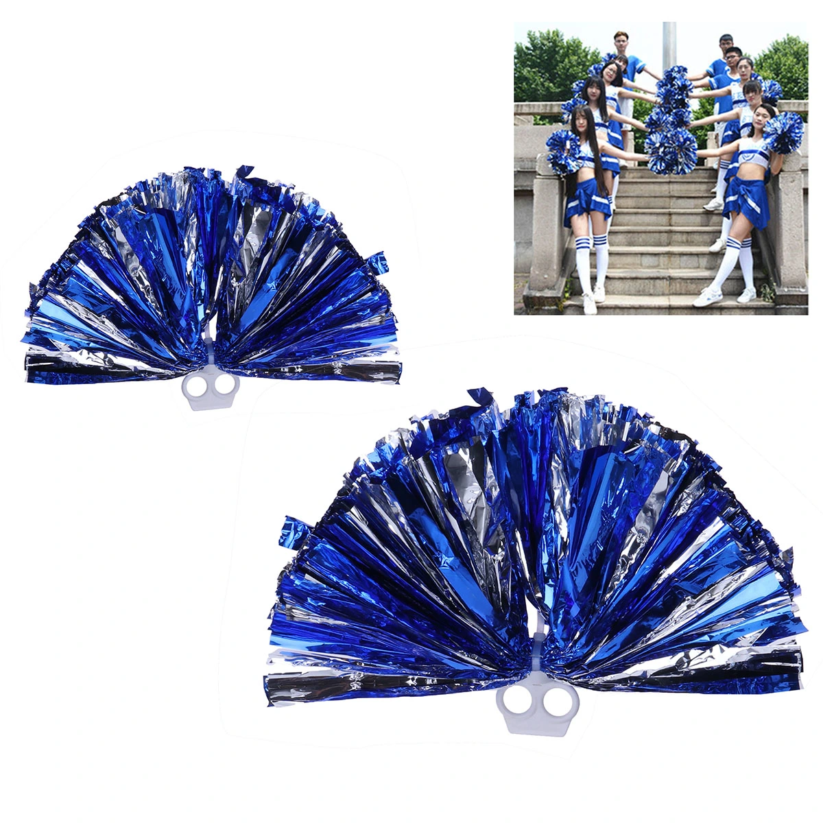 2 Pcs Plastic Ring Pom Poms Cheering Squad Spirited Fun Cheerleading Kit Cheer Poms for Both Kids College and High School Competition Cheering Sports Events - Blue and Silver (30cm)
