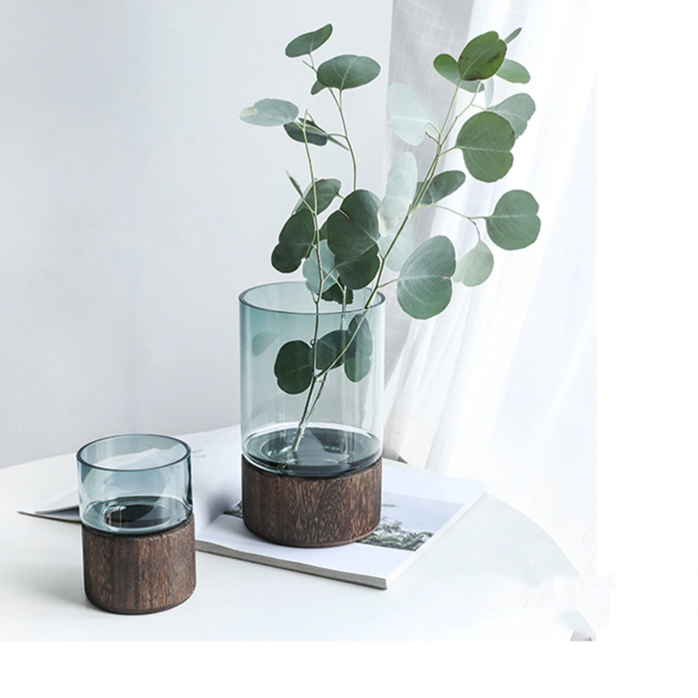 Glass Vase Minimalist Transparent Vase Decoration Table Ornament Plant Holder with Wooden Base Brown (SHY20175-Dark Green + Candlenut)