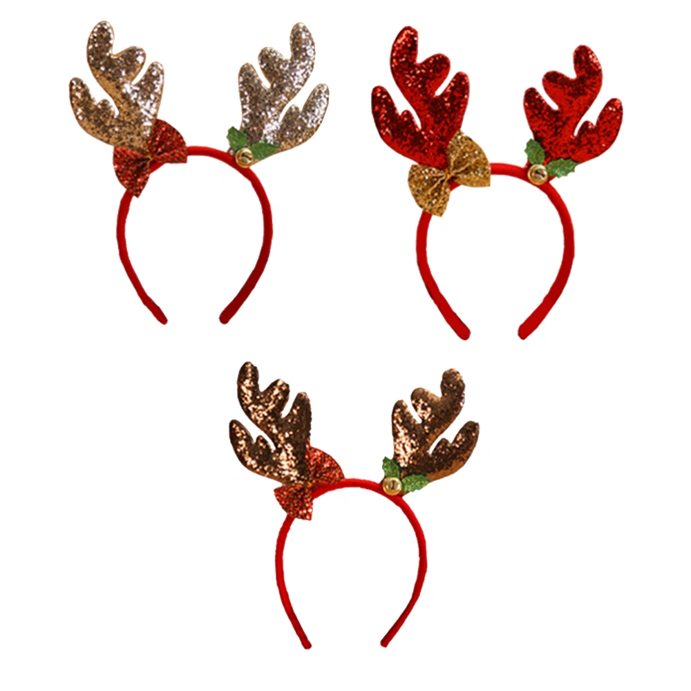 3PCS Christmas Decorations Glitter Antlers Head Buckle with Bells Headband Hair Bands (Red + Gold + Coffee)