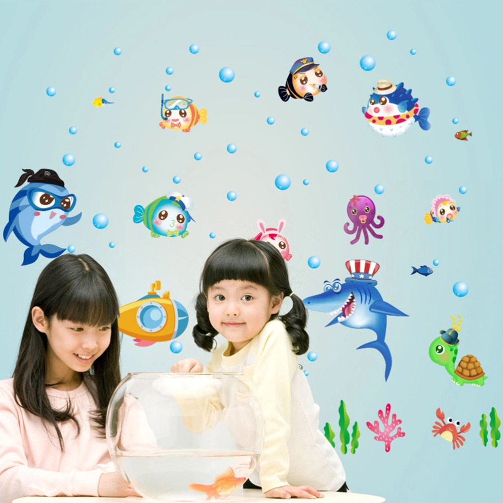 2pcs Cartoon Ocean Fish Wall Paste Removable Home Wall Decals Kids Bathroom Background Wall Decor