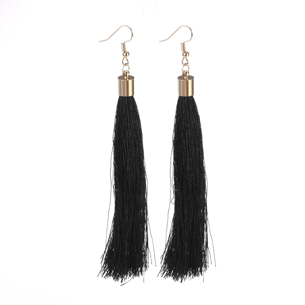 1 Pair of Lady Long Tassel Fringed Dangle Fish Hook Earrings Eardrop (Black)