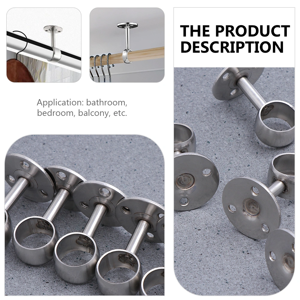 4pcs Stainless Shower Curtain Pipe Wardrobe Pole Holder Lever Flange Socket