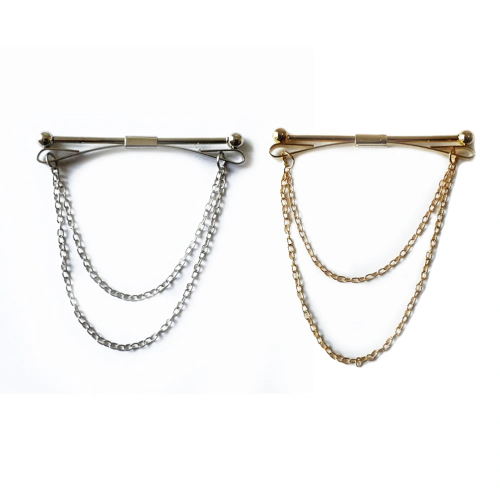 2pcs Men's Collar Pin Collar Bar with Chain (Golden+Silver)