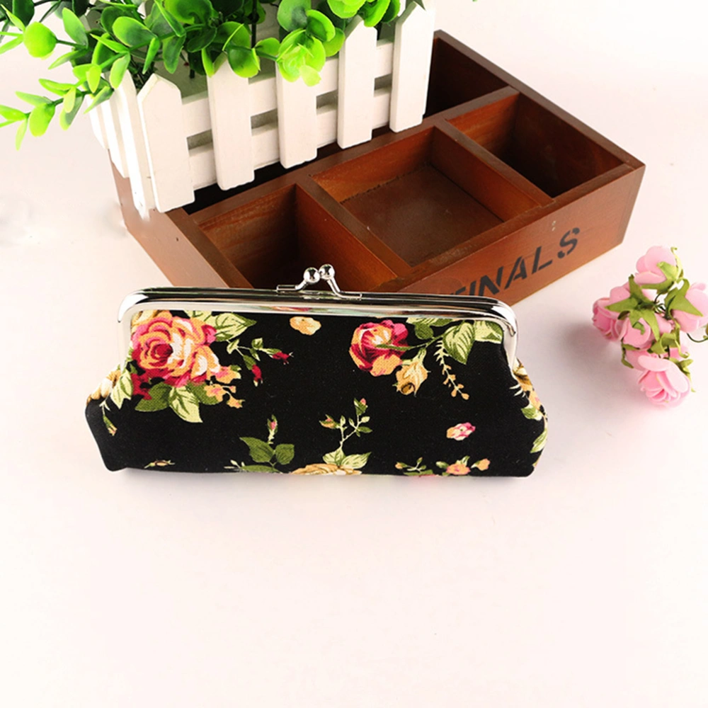 Coin Pouch Purse Rose Pattern Canvas Gift Jewelry Cards Trinkets Pouch Clasp Closure Wallet (Black)