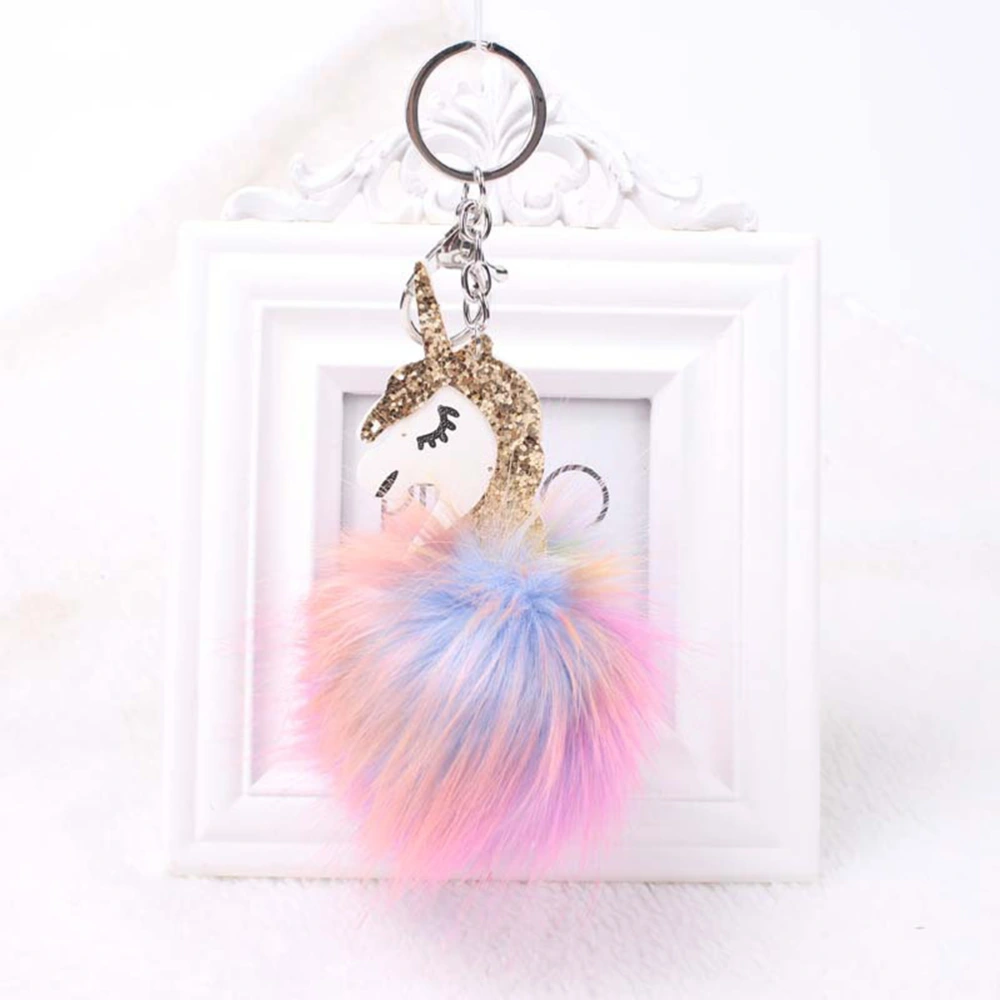 Glitter Unicorn Keychain Fur Ball Keyring Colorful Pompom Ball Key Chain Charm Key Holder (Golden)