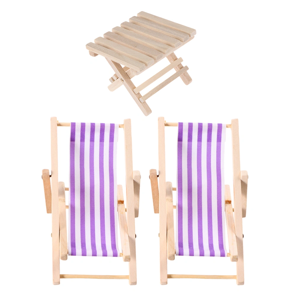 3 Pcs Dollhouse Miniature Beach Chairs Mini Lounge Chair Foldable Table Ornament