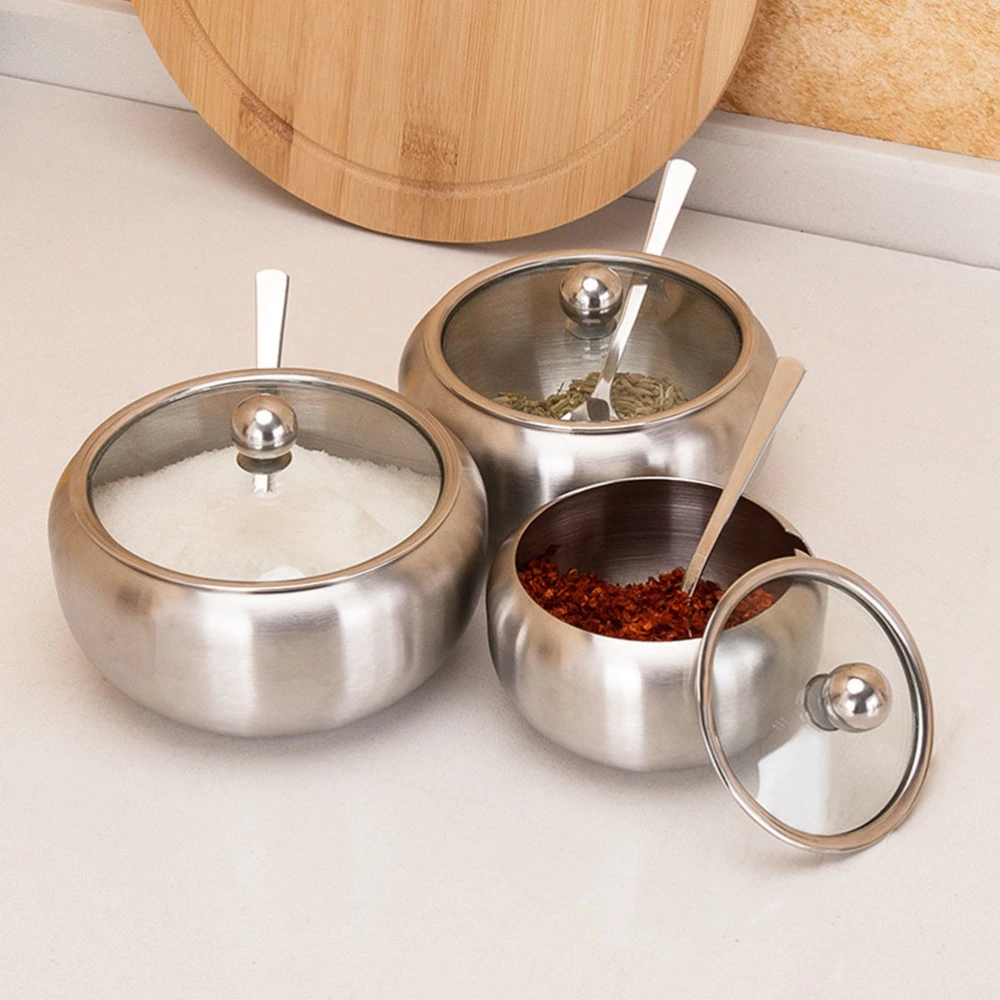 Stainless Steel Spice Jar Sugar Pot Condiment Container Seasoning Box with Lid and Serving Spoon for Home Kitchen (Small Size)