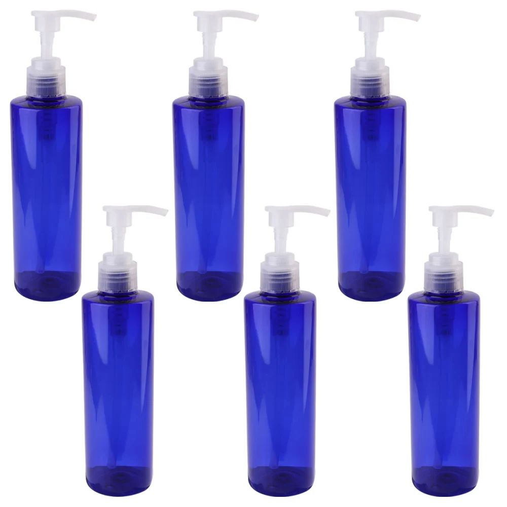 6pcs 250ml Press Bottles Plastic Empty Refillable Lotion Bottles Shower Gel Shampo Bottles (Blue Bottle with Transparent Screw Pump)